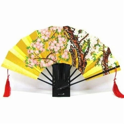 Japanese Decorative Gold Cherry Blossom Display Fan with Stand & Box, Made in Japan
